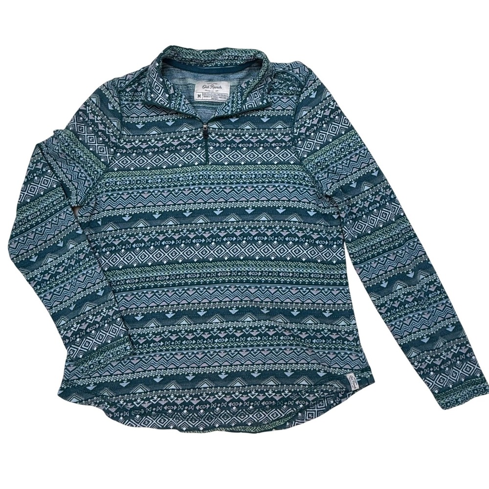 Old Ranch Womens M Green Geometric Fair Isle Cotton Quarter Zip Pullover Sweater